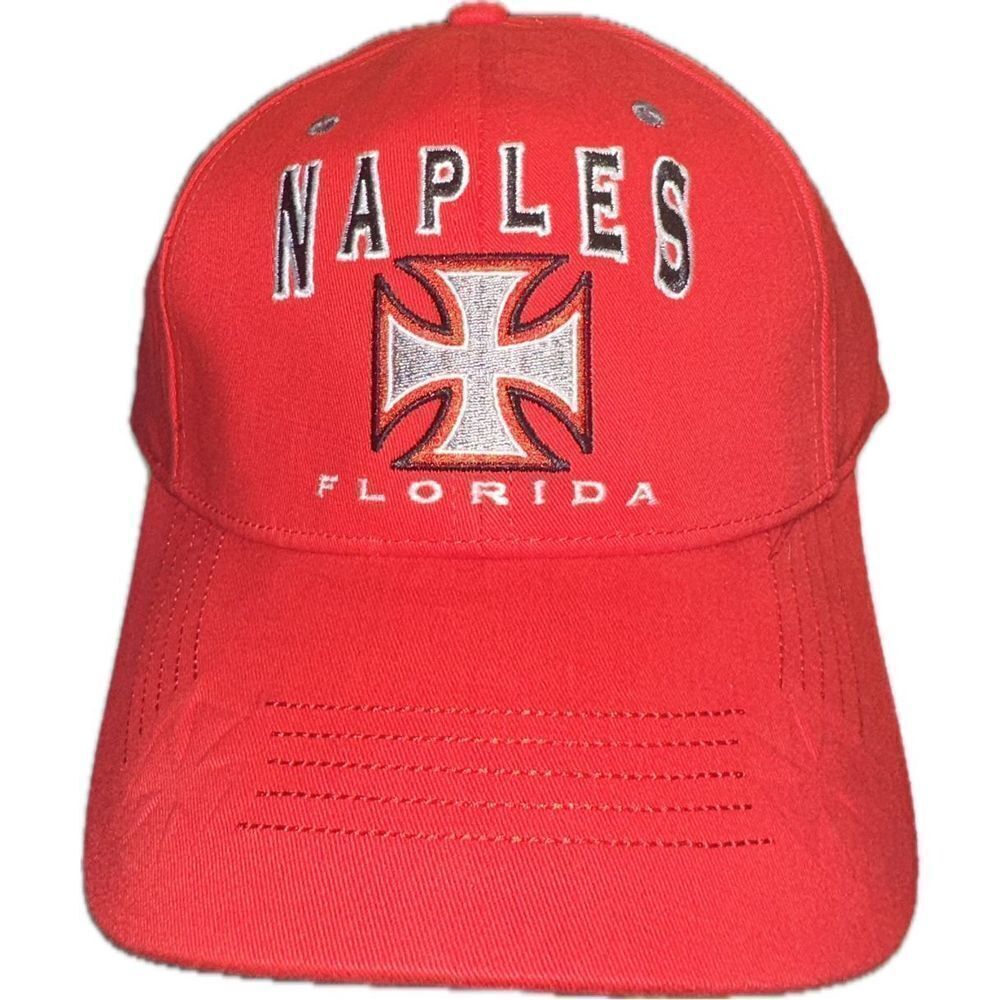 Naples Florida Iron Cross Red Cap Hat Adjustable‎ Strap One Size Fits Most